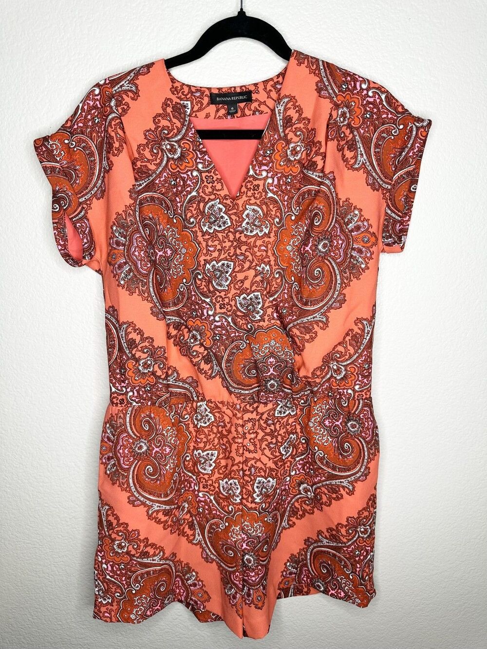 Banana Republic Romper Womens 6 Orange Paisley Print Wrap V-Neck Short Sleeve